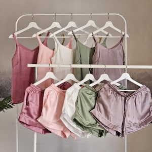 Cami and Shorts Set Satin Pajama Set for Bridesmaids in stunning Olive, Mauve, Blush, White. Satin camisole nightwear for Bridal Party.