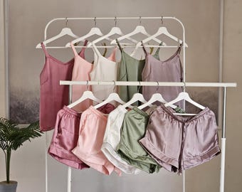 Cami and Shorts Set Satin Pajama Set for Bridesmaids in stunning Olive, Mauve, Blush, White. Satin camisole nightwear for Bridal Party.