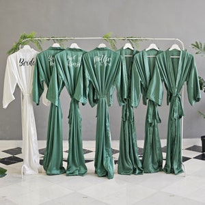 Bridesmaid robes long ankle calf length satin Dusty Slate Green personalized bridesmaid gift for her. Flower girl proposal gift ideas.