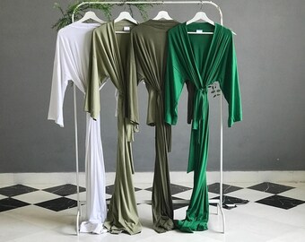 Butter soft Bridesmaid robes in stretchy pine olive military green hues Long personalized robes for mother of the bride & bridal party gifts