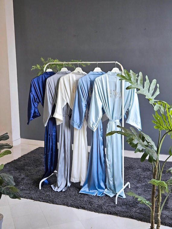Softest long Bridesmaid robes for mother of the bride/groom & bridal party in Navy Ice Dusty blue Silver White bridal robe in silk satin