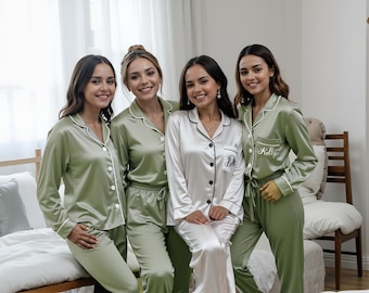 Silky soft Bridesmaid Pajamas in olive green pjs Personalized pajamas set for the mother of the Bride Bridal Party gifts