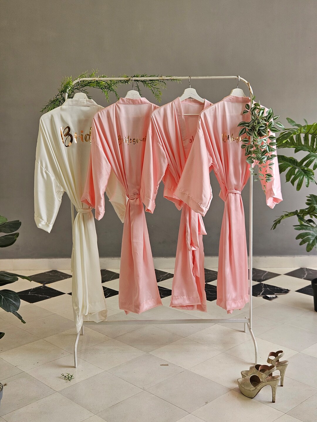 Softest Satin Bridesmaid Robes in Blush Pink Personalized With Metallic