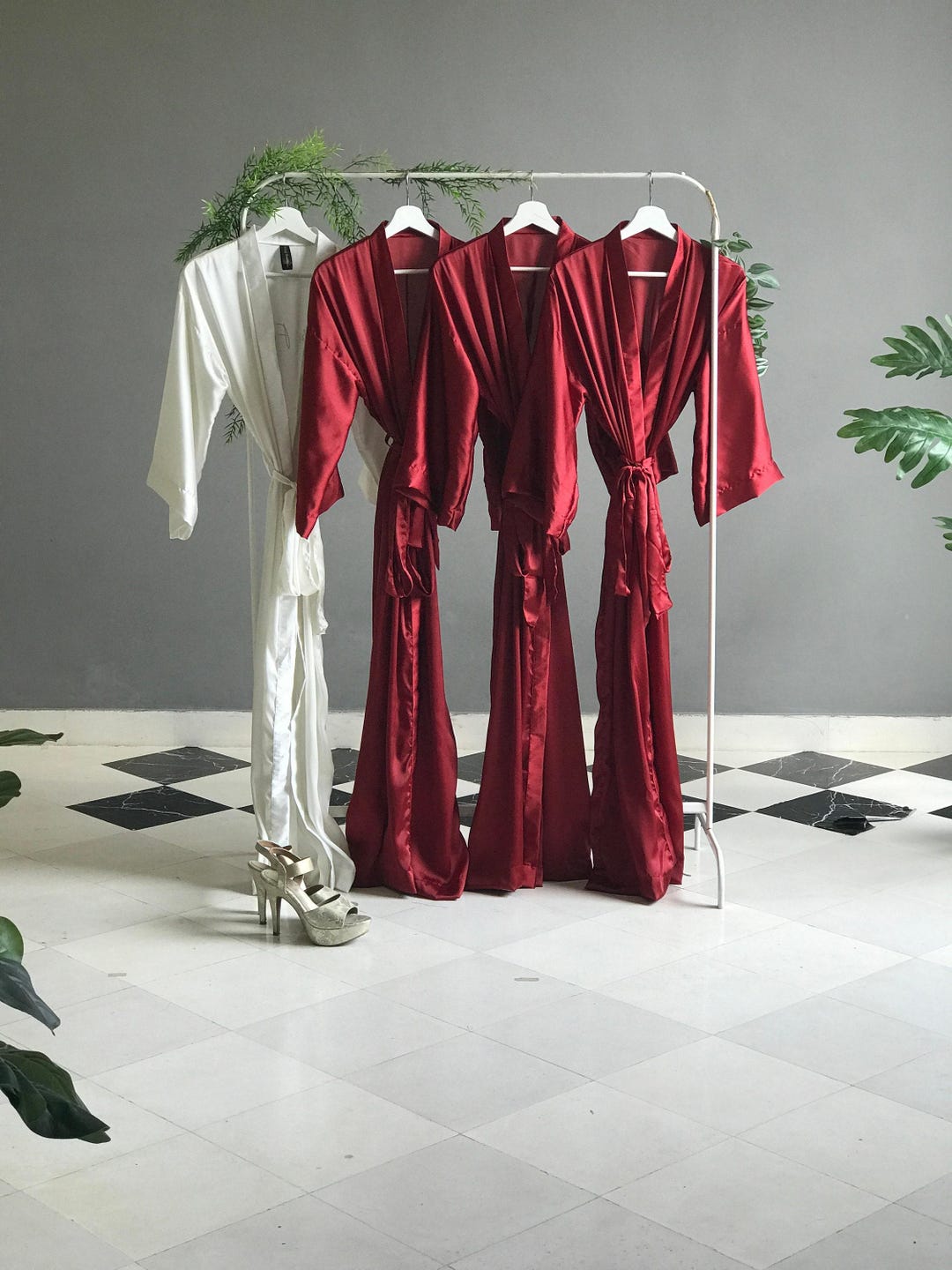 Bridesmaid Robes Long Ankle Calf Length Satin Maroon Red Personalized ...