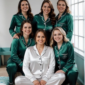Bridesmaid pajamas, bridesmaid button down shirts & Bride pajamas in Silky soft olive sage emerald moss teal green for Mother of the Bride.
