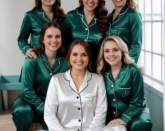 Bridesmaid pajamas, bridesmaid button down shirts & Bride pajamas in Silky soft olive sage emerald moss teal green for Mother of the Bride.