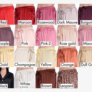 Expanded satin pajama color chart featuring reds, pinks, golds, ivory, black, and leopard print. These color options are perfect for bridal pajamas, mother of the bride and groom gifts, bridesmaid proposals, and couple pajama sets across all seasons and events.