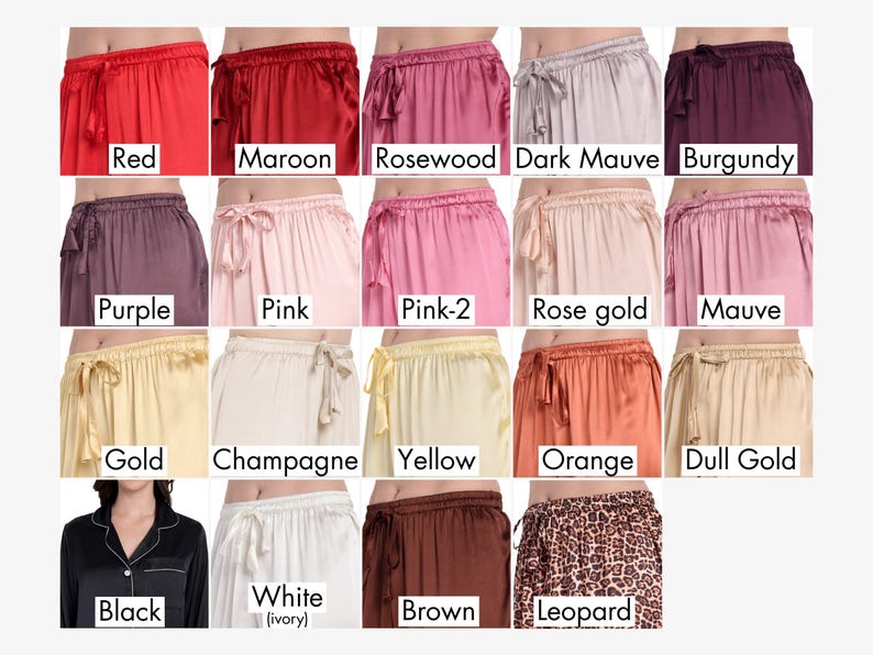 Expanded satin pajama color chart featuring reds, pinks, golds, ivory, black, and leopard print. These color options are perfect for bridal pajamas, mother of the bride and groom gifts, bridesmaid proposals, and couple pajama sets across all seasons and events.