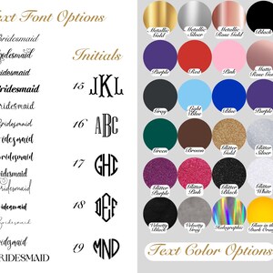 Personalized robe customization chart with 19 font styles including cursive, bold, and monogram initials. Choose from 36 text color options like metallic gold, rose gold, glitter, velvet, holographic, and glow-in-the-dark shades. Ideal for bridesmaid robes, bridal party gifts, and custom satin robes.