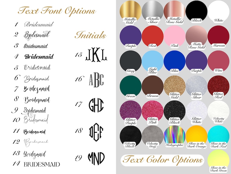 Personalized robe customization chart with 19 font styles including cursive, bold, and monogram initials. Choose from 36 text color options like metallic gold, rose gold, glitter, velvet, holographic, and glow-in-the-dark shades. Ideal for bridesmaid robes, bridal party gifts, and custom satin robes.