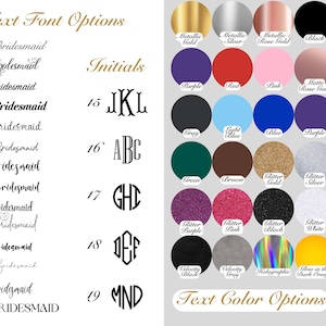Font and color chart for personalized text on robes or pajamas. Left side shows 14 script and block font styles for names, and 6 monogram-style options for initials. Right side displays 35 text color options including metallics (gold, silver, rose gold), classic colors (black, white, red, pink, blue), glitter finishes (gold, silver, red, pink, purple, black, white), velvet, holographic, and glow-in-the-dark shades.