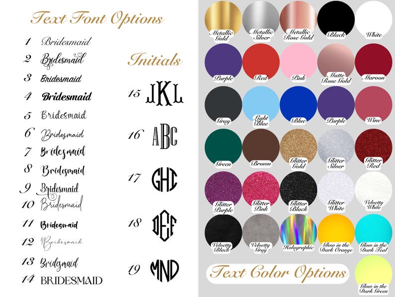 Font and color chart for personalized text on robes or pajamas. Left side shows 14 script and block font styles for names, and 6 monogram-style options for initials. Right side displays 35 text color options including metallics (gold, silver, rose gold), classic colors (black, white, red, pink, blue), glitter finishes (gold, silver, red, pink, purple, black, white), velvet, holographic, and glow-in-the-dark shades.