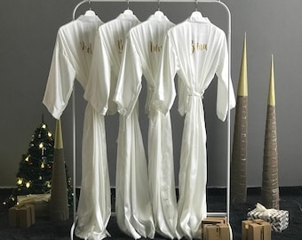 Long Personalized Bride and Bridal party robes in white satin Wedding party Bridesmaid robes in ankle and calf length in assorted colors