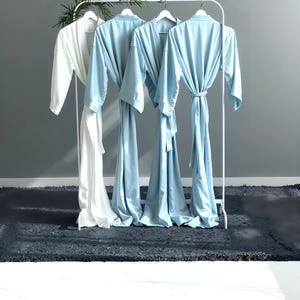Bridesmaid robes long calf ankle length satin ice blue and personalized. Custom bridal party long robes for mother of the bride and groom