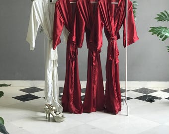 Bridesmaid robes long ankle calf length satin maroon red personalized Custom bridal party long robes for mother of the bride and groom