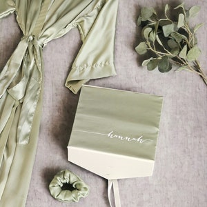 Personalized long satin bridesmaid robes with matching scrunchies & personalized gift box bridal party gifts for mother of the groom/bride image 7