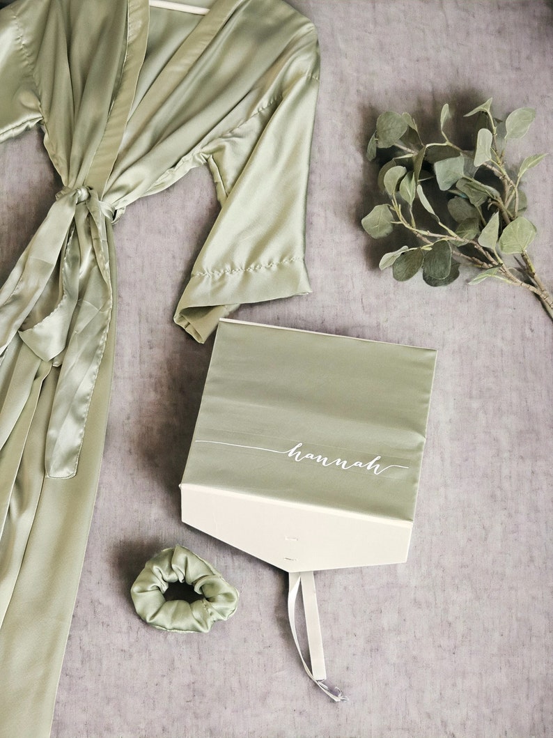 Personalized long satin bridesmaid robes with matching scrunchies & personalized gift box bridal party gifts for mother of the groom/bride image 7