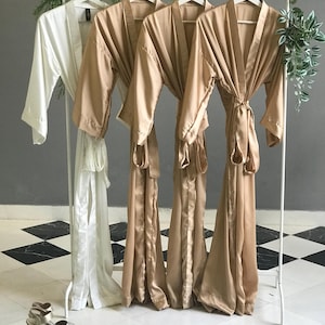 Silky softest satin really long personalized bridesmaid robes in gold white for tall women Maid of Honor, Mother of the Groom/Bride.