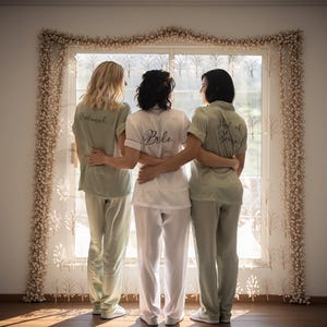 Women dressed in elegant satin pajama sets in Olive and white, each personalized with embroidered names or initials. They pose together in a cozy, well-lit bedroom setting, showcasing the luxurious and stylish design, ideal for special occasions.
