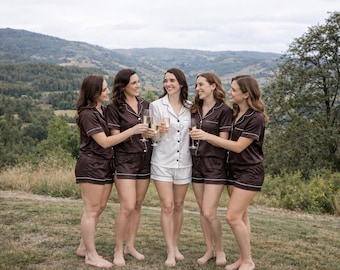 Brown satin Bridesmaid Pajamas, Personalized Bridal outfits, Shirt, shorts and short sleeve shirt.
