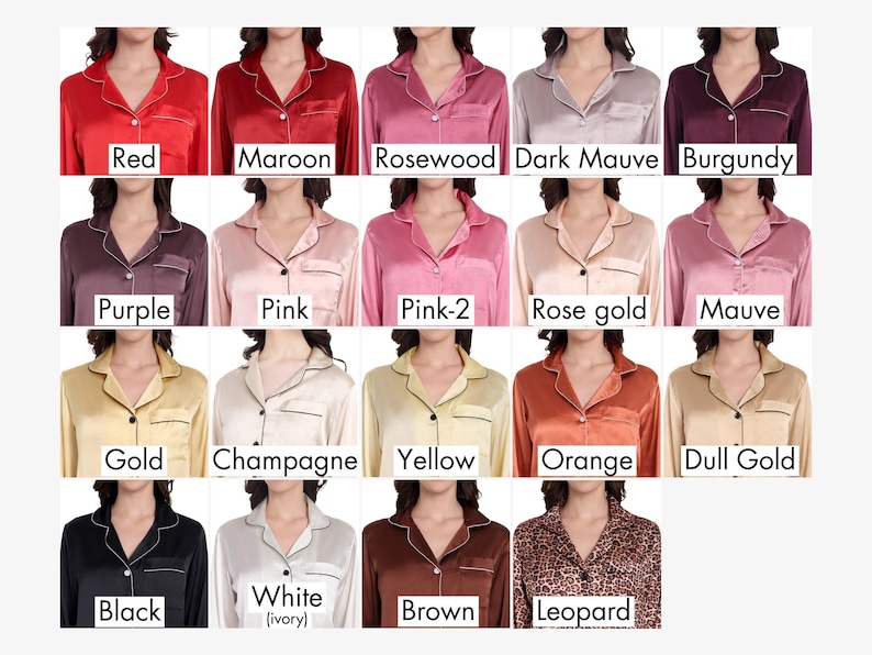 Color chart displaying 20 satin pajama tops worn by models, labeled: Red, Maroon, Rosewood, Dark Mauve, Burgundy, Purple, Pink, Pink-2, Rose Gold, Mauve, Gold, Champagne, Yellow, Orange, Dull Gold, Black, White (ivory), Brown, and Leopard. Each top features contrast piping and button-down front.