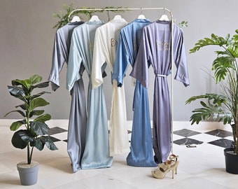 Bridesmaid robes long ankle calf length satin dusty blue silver lavender Personalized Bridal party robes for mother of the bride and groom.