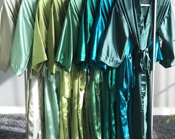 Emerald Green Satin Bridesmaid Robes in Long Ankle Length With Front ...