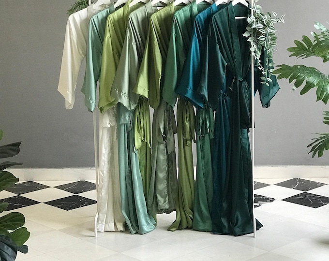 Really long Bridesmaid robes in hues of Sage Olive Emerald Teal Avocado Moss Dusty green Softest silk satin robes for Mother of the Groom.
