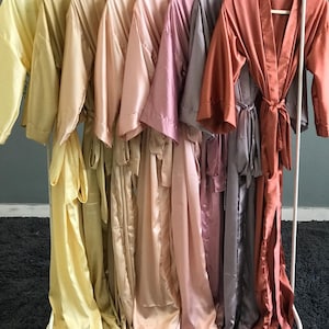 Bridesmaid robes Silk Satin Floor length in warm colors like burnt orange, mauve, blush and cream. Front back personalized bridesmaid robes.