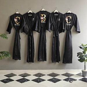 Bridesmaid robes long ankle calf length satin Black Navy Blue personalized. Custom bridal party long robes for mother of the bride and groom