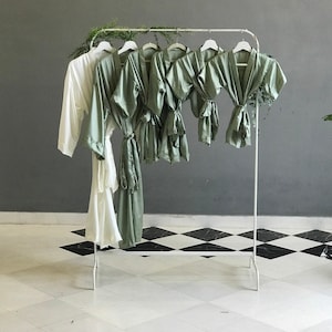 Flower girl proposal junior and plus size bridesmaids robes personalized gifts in silky satin sage olive. Long robes for moms of bride groom