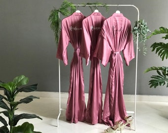 Personalized long Bridesmaid robes in satin mauve Ankle and calf length for the bride and bridal party. Custom robes for proposal box.