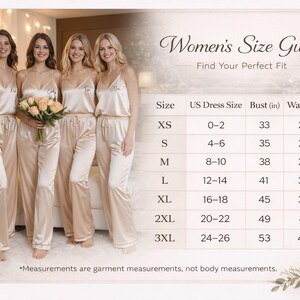 Landscape inseam size guide graphic featuring a bridal party in emerald green satin pajamas walking outdoors at the top. Title reads “Pajama Inseam & Length Guide – Find Your Perfect Fit.” Below, a measurement diagram shows pajama pants with labeled inseam and outseam lines. A table lists sizes from 3–4Y to 3XL with inseam and outseam measurements in inches. Notes explain inseam is inside leg seam to hem and outseam is waist to hem.