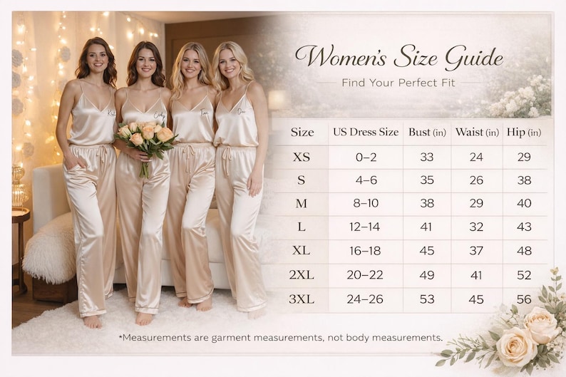 Landscape inseam size guide graphic featuring a bridal party in emerald green satin pajamas walking outdoors at the top. Title reads “Pajama Inseam & Length Guide – Find Your Perfect Fit.” Below, a measurement diagram shows pajama pants with labeled inseam and outseam lines. A table lists sizes from 3–4Y to 3XL with inseam and outseam measurements in inches. Notes explain inseam is inside leg seam to hem and outseam is waist to hem.