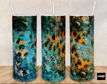 Leopard Background Sublimation And Teal Rustic, Leopard Distressed Tumbler Png, Western Tumbler- 20oz Skinny Tumbler