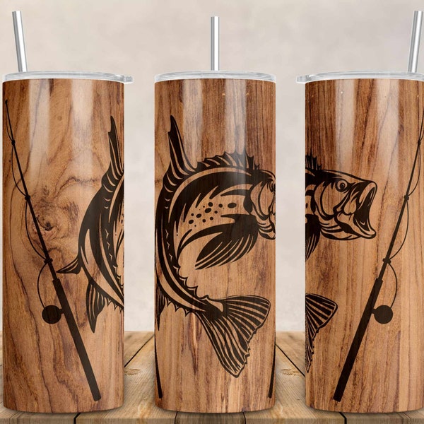 Fishing Tumbler Wooden Design, Fishing Wrap Tumbler, Fishing Tumbler - 20oz Skinny Tumbler