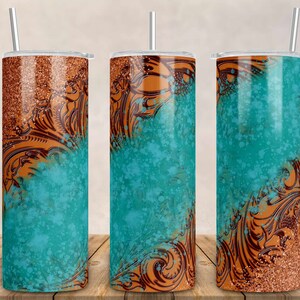 Tooled Leather Turquoise Glitter, Western Tumbler- 20oz Skinny Tumbler
