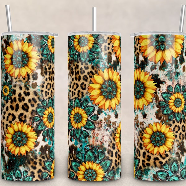 Sunflower Turquoise Gemstone and Leopard, Cowhide Distressed Tumbler Png, Western Tumbler- 20oz Skinny Tumbler