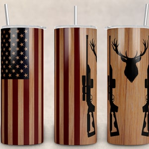Deer and Flag Tumbler Wooden Design, Wood Hunting Wrap Tumbler - 20oz Skinny Tumbler