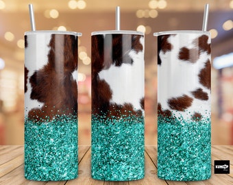 Teal Glitter Cowhide Tumbler Wrap: 20oz Skinny Tumbler PNG (Digital Download)