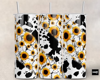 Cow Sunflowers Cowhide Seamless for Straight/Tapered Tumbler PNG Sublimation Design- 20oz Skinny Tumbler