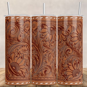 Tooled Leather Tumbler, Western Tumbler- 20oz Skinny Tumbler
