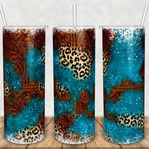 Turquoise Leopard Tooled Leather Western Tumbler: 20oz Skinny (PNG Digital Download)