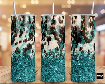 Cowhide teal tumbler PNG design Western cow skin glitter - 20oz Skinny Tumbler