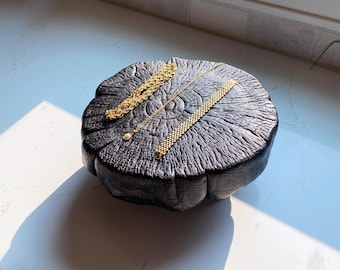 Handcrafted Burned Wood Jewelry Stand – Sculptural Charred Display Pedestal