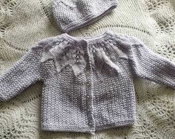 NEW Hand Knitted Baby Cardigan & Beanie Age 0-3 Months 16 Inch Chest in Lilac Sparkle Yarn