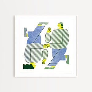 Dance Together Square 2 colour riso print couple love dancing green yellow blue