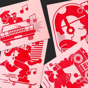 The Music Pack 4XA5 Prints/Postkarten Risograph Rot & Pink
