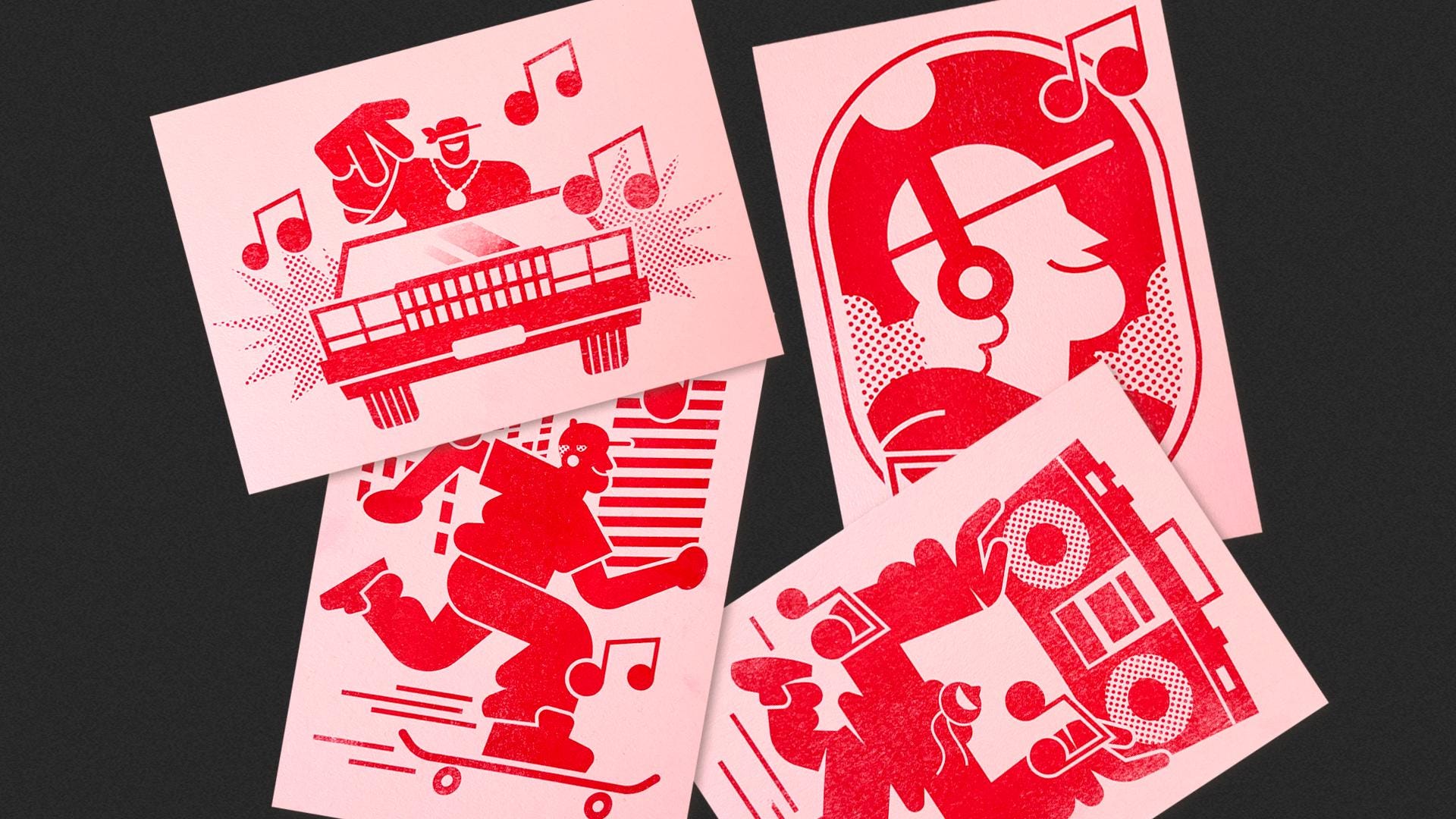 The Music Pack 4XA5 Prints/postcards Risograph Printed Red & Pink