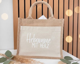 Jute bag midwife with heart made of sustainable natural fiber as a loving gift